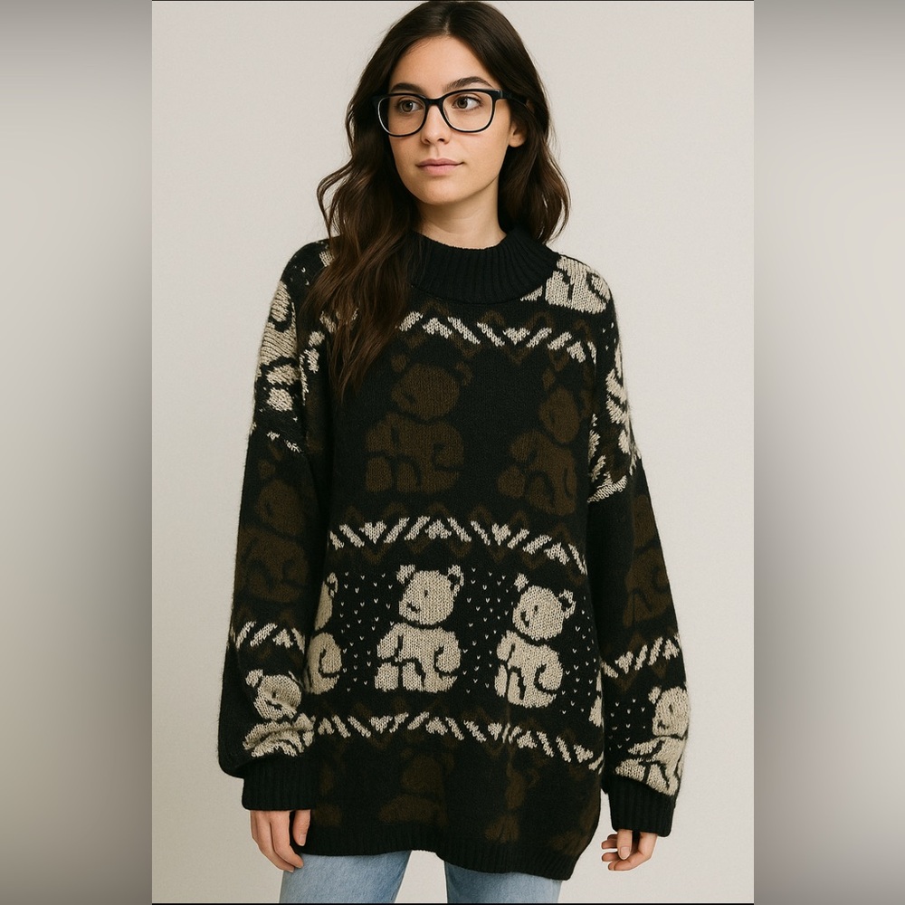 Vintage 1990s Separate Issue Teddy Bear Theme Knit Mockneck Sweater Size Large